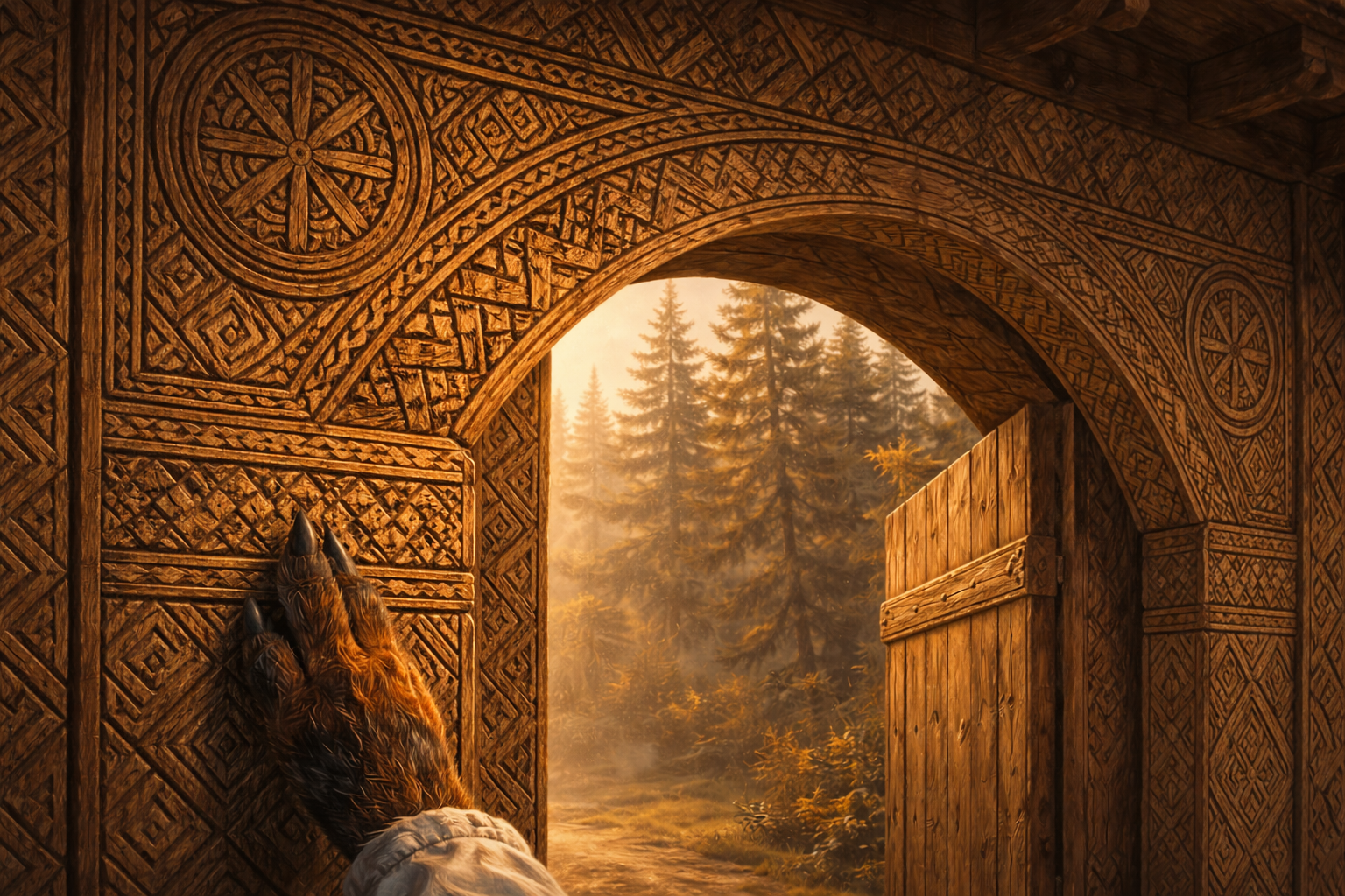 An intricate Hutsul ornamental gate at dawn — the same geometric language worn on the body